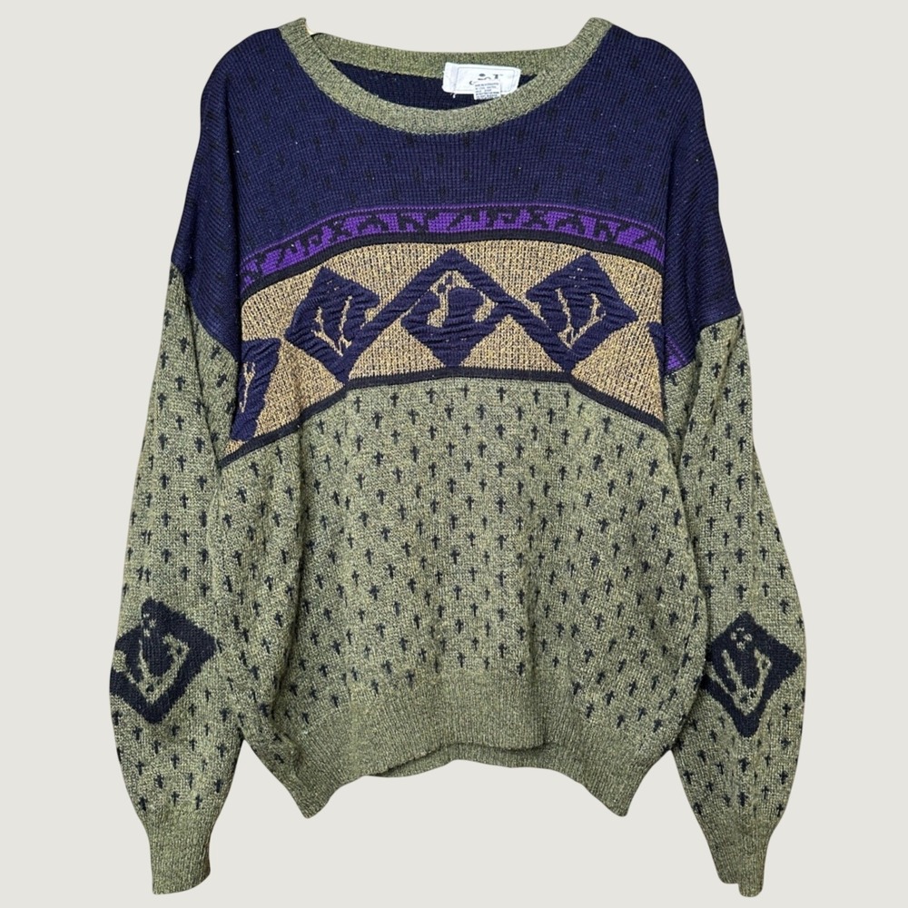 Vintage 90s Wool Blend Knit Sweater Mens Large Green JED Geometric Dark Acadamia